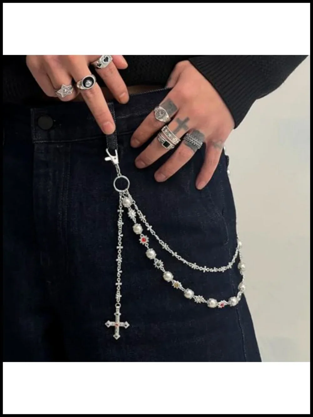 Layered Wallet Chain with Rhinestone Flower Pearl Accents